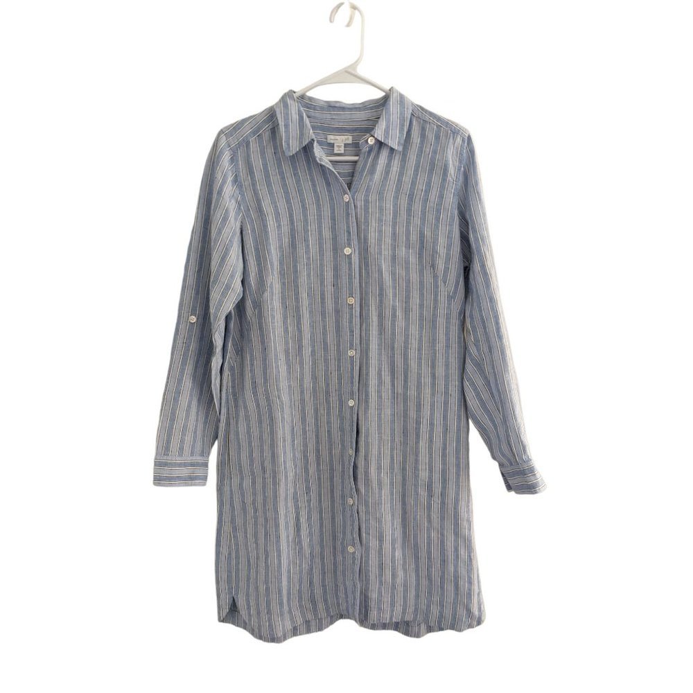 NWT J. Jill Love Linen Blue and White Striped Shirt Dress Size Small Petite